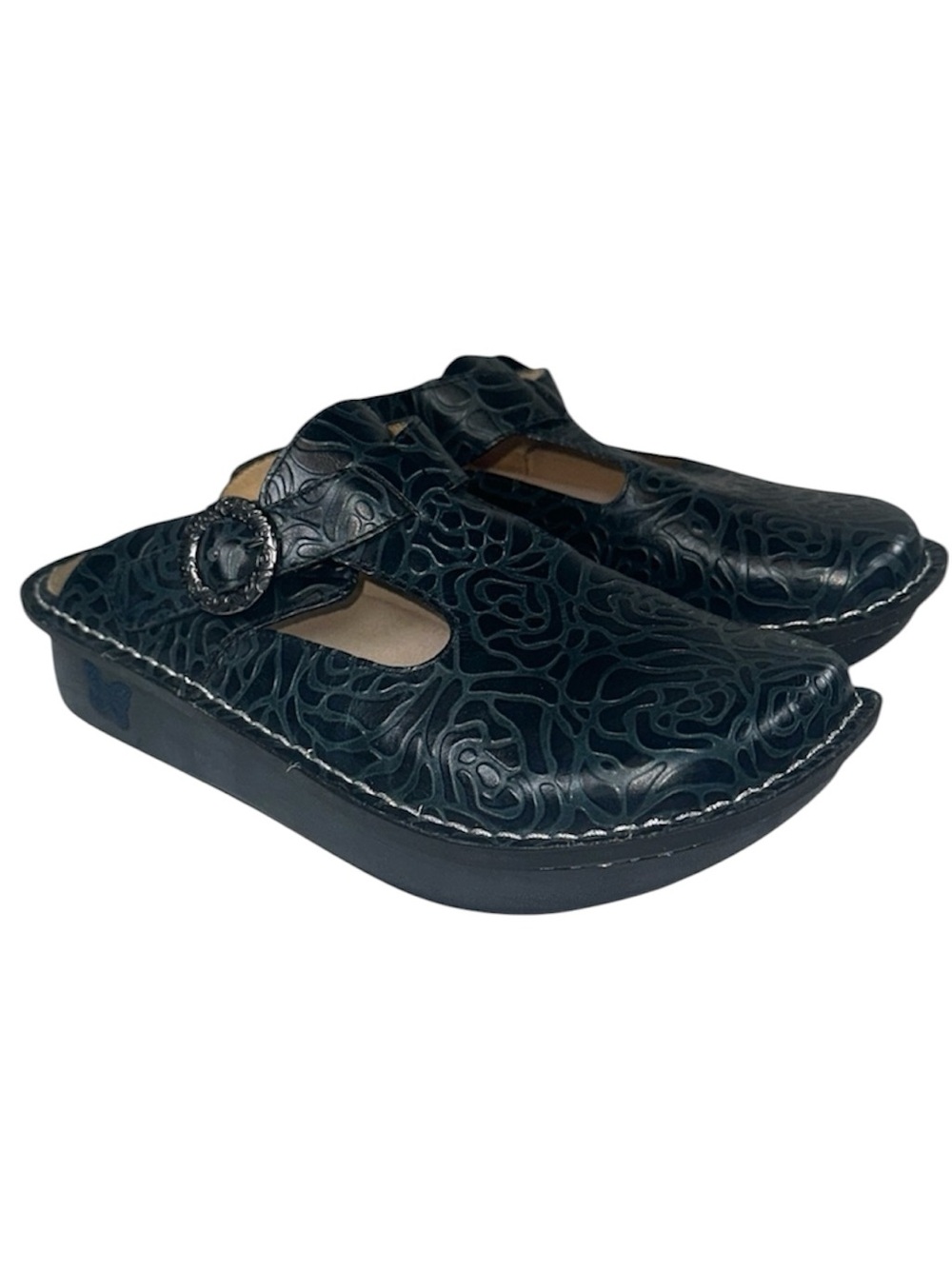 Alegria Classic Navy Embossed Rose Leather Comfort Clogs Size 7.5